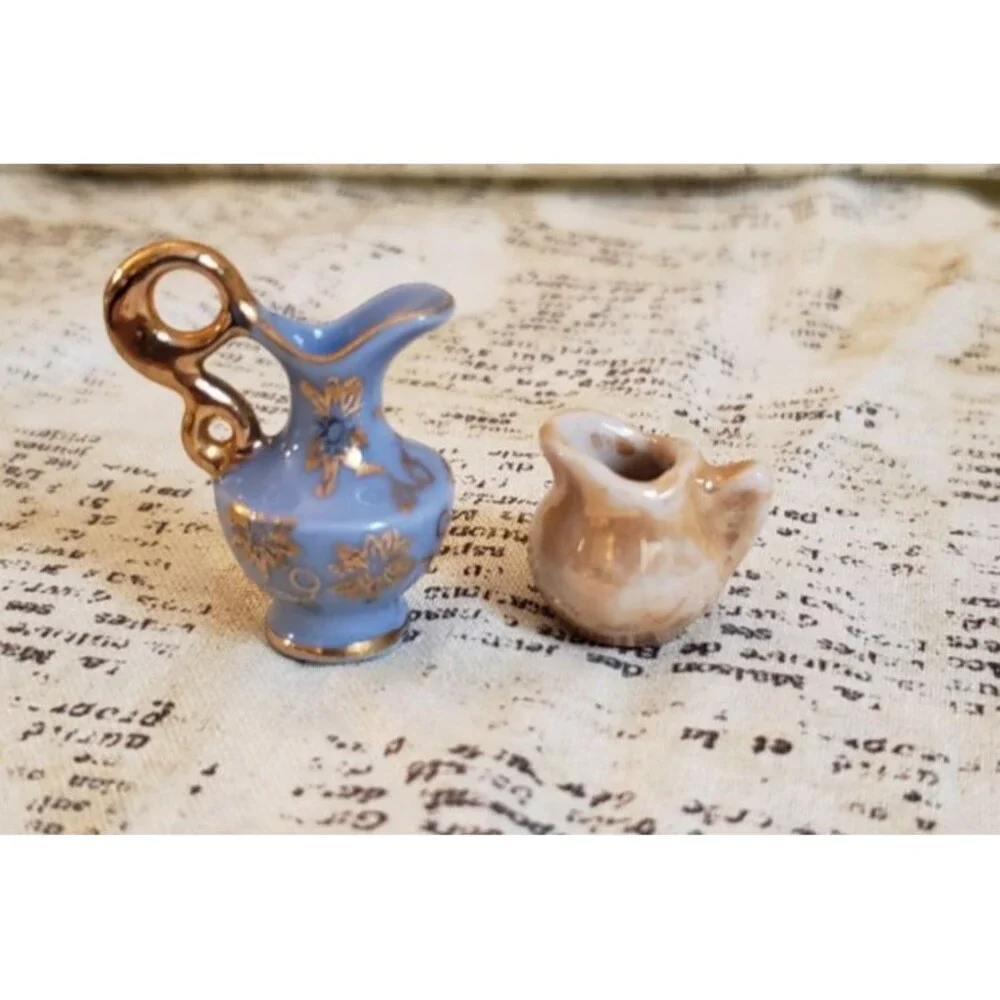 Artsy, Cottagecore 2 Vintage Tiny Pitchers with Handles; Peach Colored and Blue